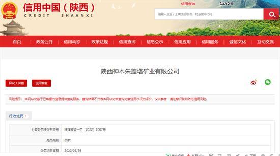 陕西神木朱盖塔矿业有限公司违反多项条例规定被罚46.5万元