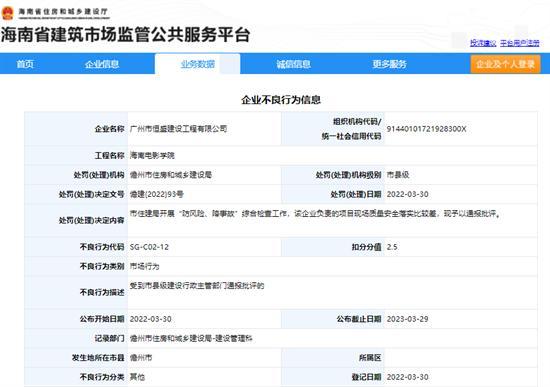广州市恒盛建设工程有限公司项目现场质量安全不达标被通报批评扣2.5分