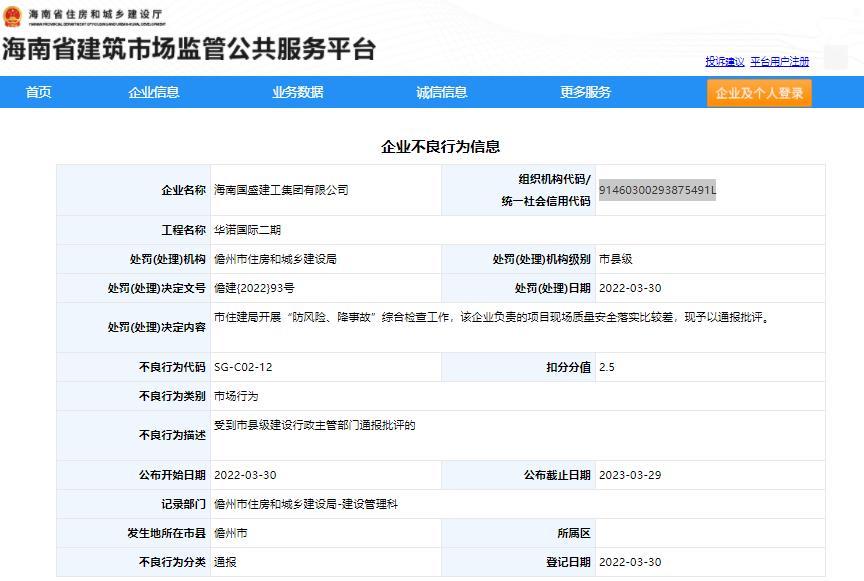 海南国盛建工集团有限公司施工现场安全措施不达标被通报扣2.5分