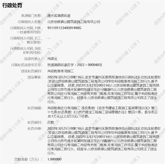 北京宏信鼎业建筑装饰工程有限公司夜间无证施工被罚1万元