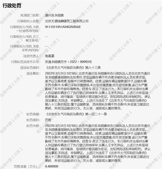 北京天盛瑞麟建筑工程有限公司运输车辆不符合要求被罚0.4万元