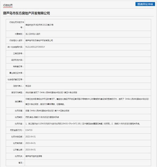 葫芦岛市东方房地产开发有限公司擅自建设消防泵房被罚款