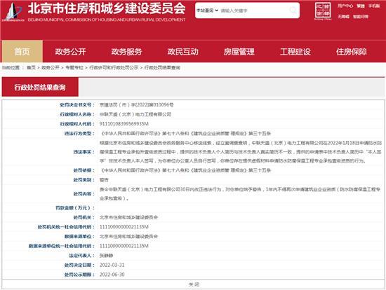 中联天盛(北京)电力工程有限公司存在提供虚假材料申请资质的行为被警告