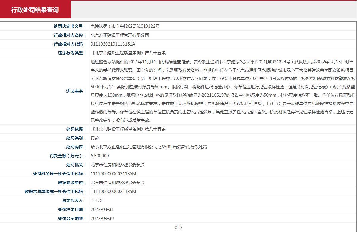 北京方正建设工程管理有限公司在见证取样检验过程中弄虚作假被罚6.5万元