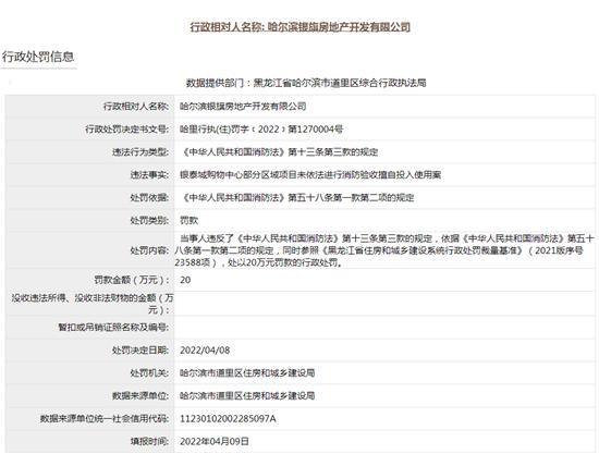 哈尔滨银旗房地产开发有限公司项目未消防验收擅自投入使用被罚20万元