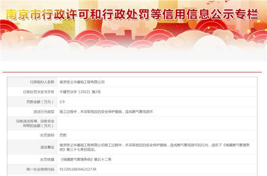 南京铁义华基础工程有限公司施工安全措施不到位导致燃气管线损坏被罚2.9万元