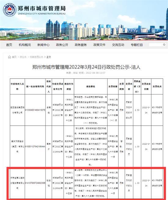 未设置明显的安全警示标志 河南省第二建筑工程发展有限公司被罚1万元