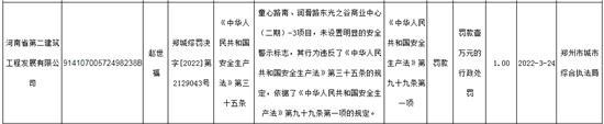 河南省第二建筑工程发展有限公司未设置明显的安全警示标志被罚1万元