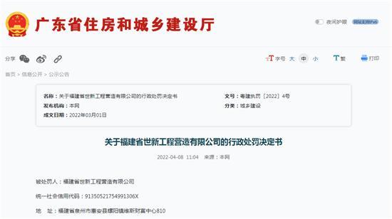 福建省世新工程营造有限公司使用不合格建筑材料被罚22万余元