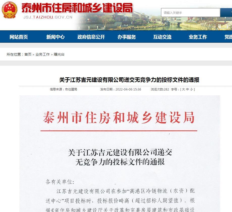 江苏吉元建设有限公司递交无竞争力的投标文件的通报