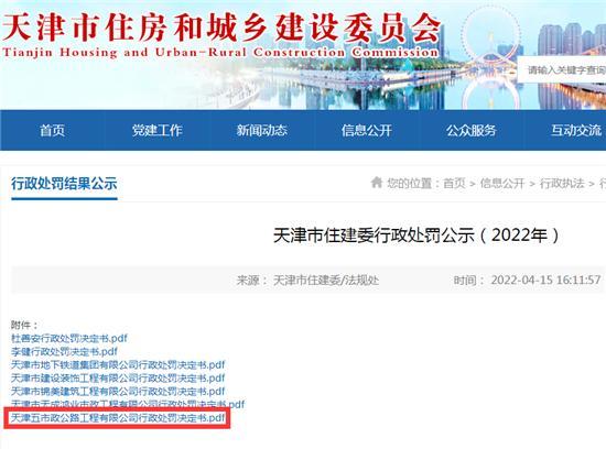 天津五市政公路工程有限公司违法分包被罚36万余元