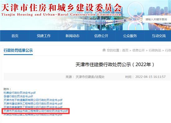 天津市天成鸿业市政工程有限公司安全生产违规被吊销建筑业企业资质证书