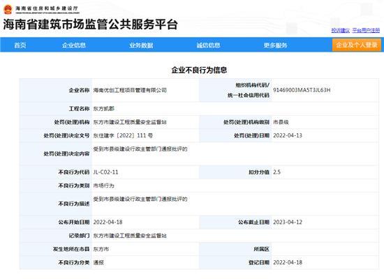 海南优创工程项目管理有限公司项目受通报批评被罚2.5分