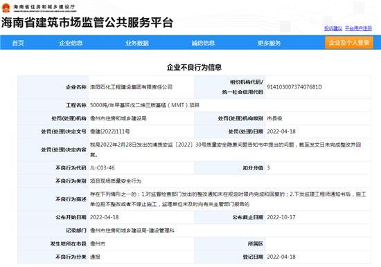 洛阳石化工程建设集团有限责任公司项目质量安全隐患整改不到位被罚