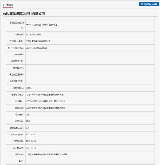 沈阳金晟源建筑材料有限公司施工车辆带泥上路被罚0.2万元