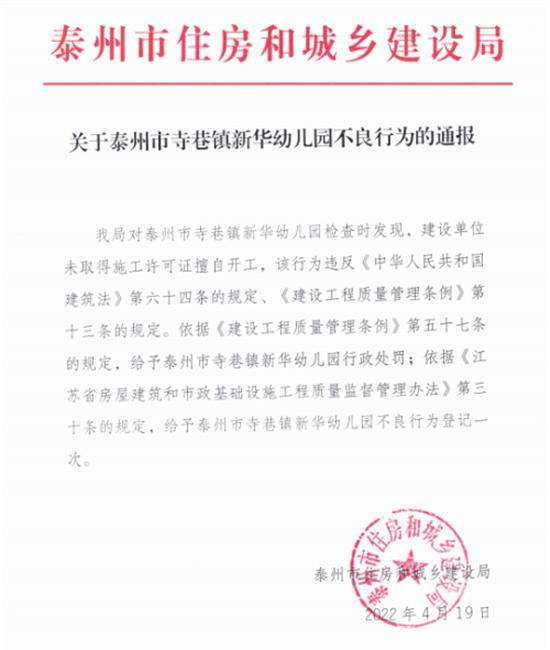 泰州市寺巷镇新华幼儿园未取得施工许可证擅自开工被处罚
