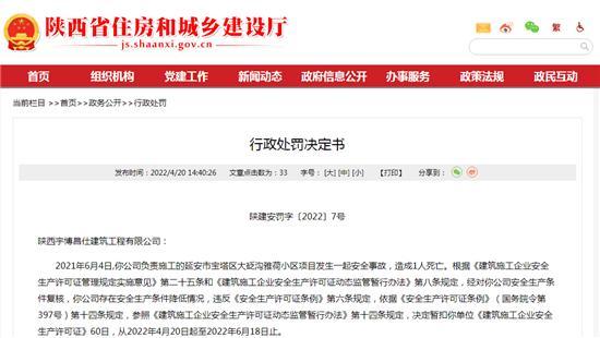 陕西宇博昌仕建筑工程有限公司一项目施工发生死亡事故被罚