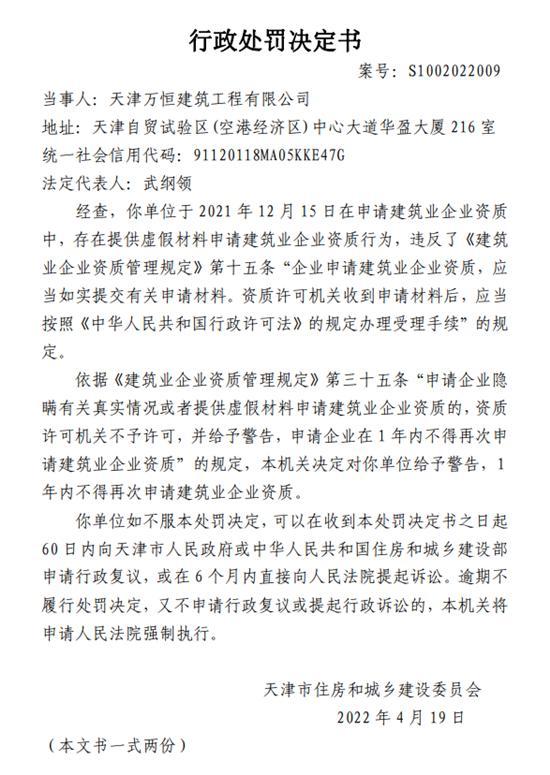 天津万恒建筑工程有限公司使用虚假材料申请建筑业企业资质被警告