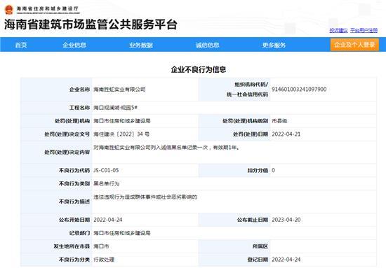 海口观澜湖·观园5#项目存在违规事件 海南胜虹实业有限公司被列入诚信黑名单