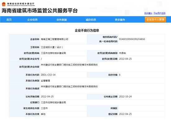 未向建设行政主管部门提交施工招标投标情况书面报告 海南正博工程管理有限公司被扣6分