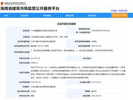 广东潮通建筑总承包工程有限公司项目建设管理不到位被扣4分