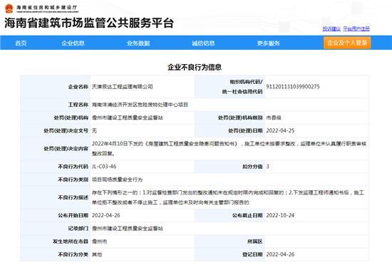 未认真履行监理职责 天津辰达工程监理有限公司被扣3分