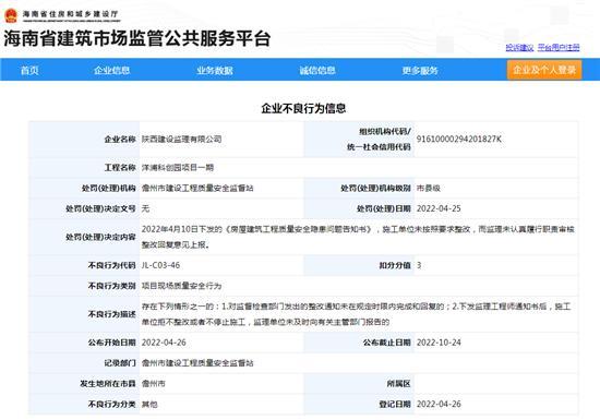 陕西建设监理有限公司一项目未履行监理职责被扣3分