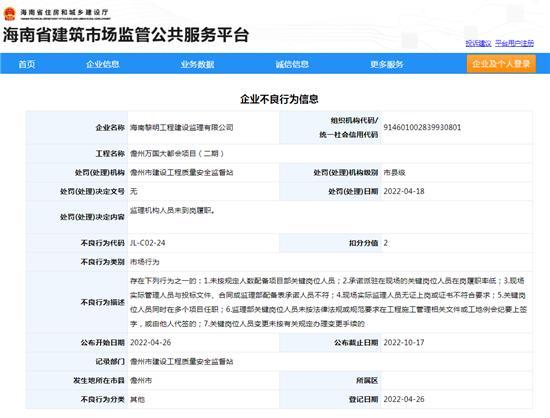 海南黎明工程建设监理有限公司一项目监理机构人员未到岗履职被扣2分