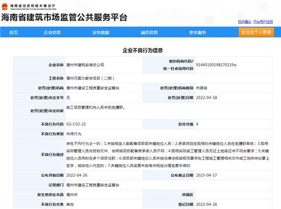 潮州市建筑安装总公司项目管理机构人员未到岗履职被扣4分