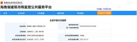 海南第二建设工程有限公司存在拖欠农民工工资等不良行为被罚