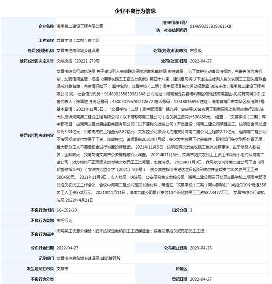 海南第二建设工程有限公司拖欠农民工工资被扣3分