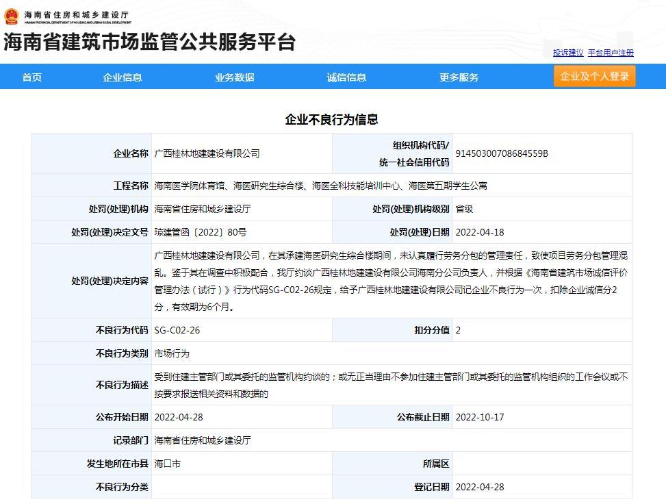 广西桂林地建建设有限公司未认真履行项目管理责任被扣2分