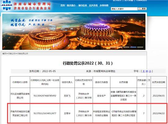 济南市历城区彩石建筑安装工程公司因扬尘被罚7万元