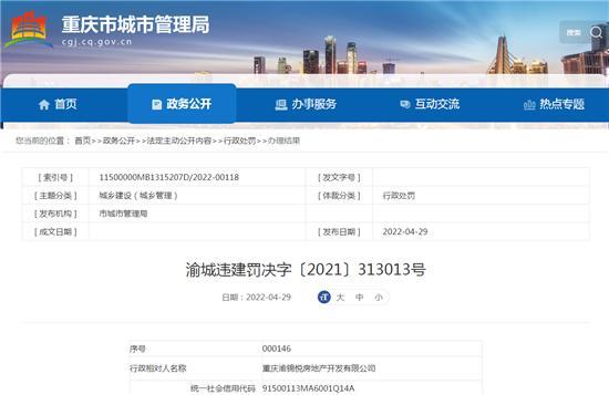 擅自改变建设工程规划许可证内容建设 重庆渝锦悦房地产开发有限公司被罚25万余元