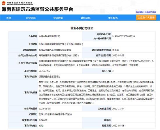 中建中联集团有限公司承建项目存在多种安全管理不良行为被扣3分