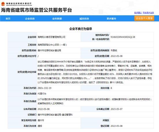 海南和兴泰项目管理有限公司招投标违规被扣8分