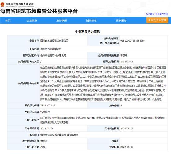 四川良友建设咨询有限公司招投标违规被扣8分