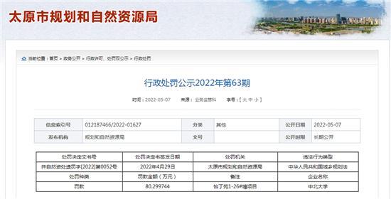 中北大學違反中華人民共和國城鄉規劃法被罰80萬余元