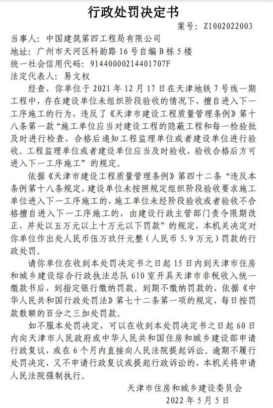 中国建筑第四工程局有限公司未阶段验收擅自施工被罚5.9万元