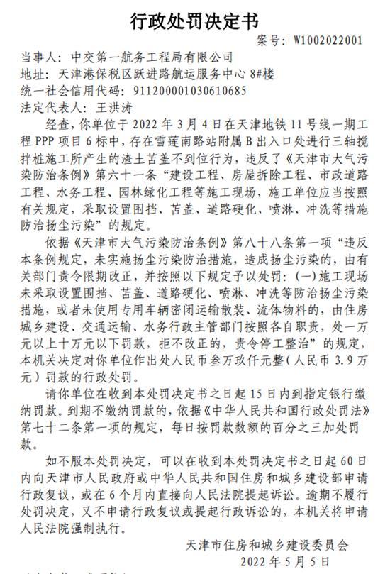 中交第一航务工程局有限公司施工存在多种违法行为被罚13.8万元
