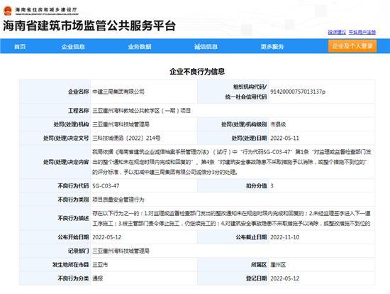 中建三局集团三亚一项目质量安全管理不到位通报并扣诚信分3分