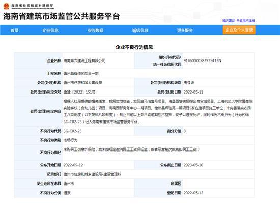 恶意拖欠或克扣民工工资 海南第六建设工程有限公司被扣诚信分3分
