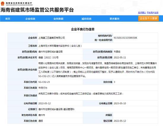 上海建工五建集团有限公司未完善落实农民工八项制度并逾期不整改被通报