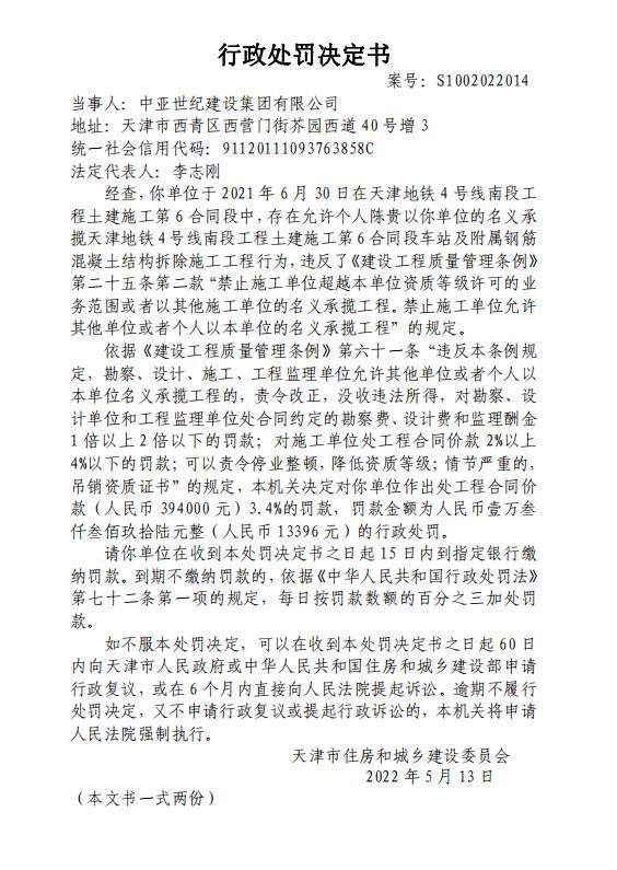 存在个人以单位的名义承揽工程违规行为 中亚世纪建设集团有限公司被罚