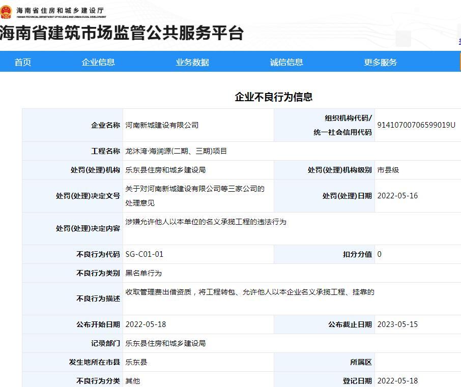 允许他人以本企业名义承揽工程 河南新城建设有限公司被纳入黑名单
