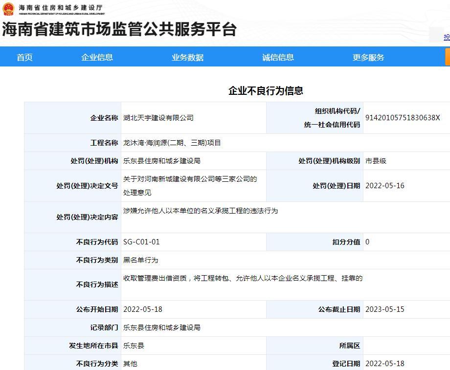允许他人以本企业名义承揽工程 湖北天宇建设有限公司被纳入黑名单