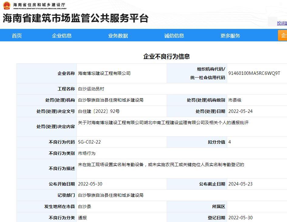 考勤管理不到位 海南博坛建设工程有限公司被通报