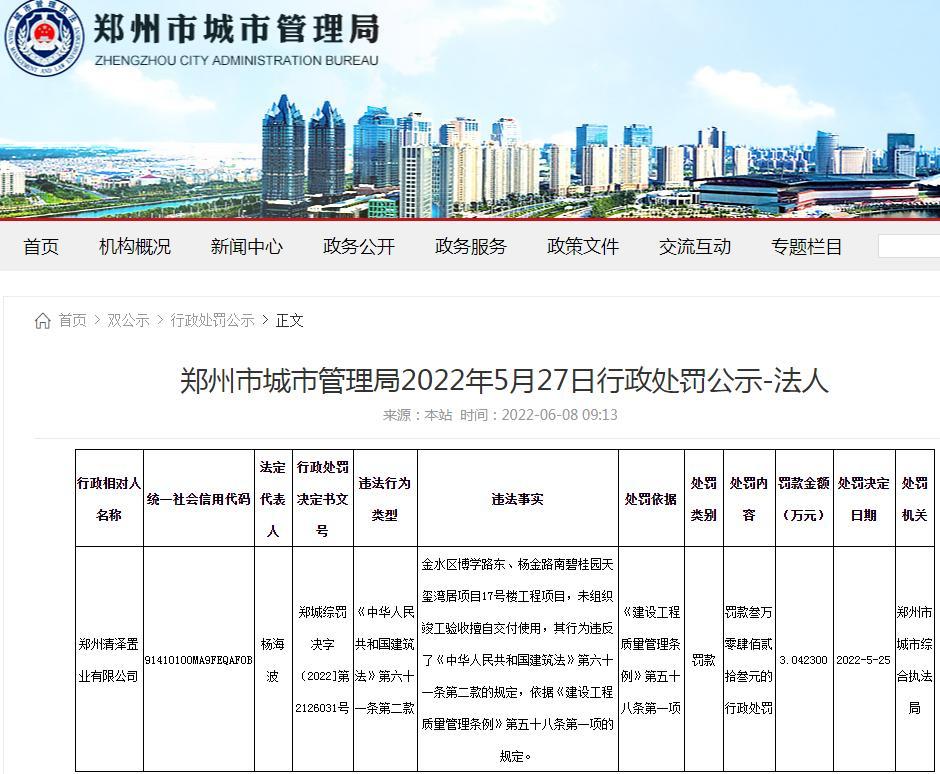碧桂园天玺湾居一项目未组织竣工验收擅自交付使用 郑州清泽置业有限公司被罚