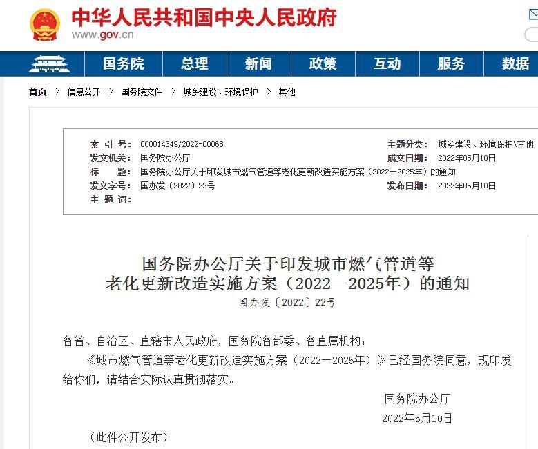 国办：不得违规举债融资用于城市燃气管道等老化更新改造