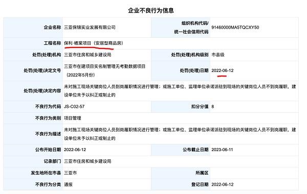 三亚保利·栖棠项目因项目管理不良行为开发商被处罚并点名通报